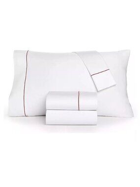 new Charter Club 550 TC Cotton QUEEN Sheet Set WHITE w/ Red Embroidered Cuffs